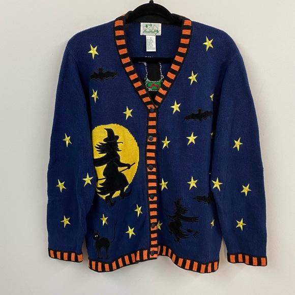 Vintage Sweaters - Vintage Quacker Factory Halloween Witch Cardigan Sweater